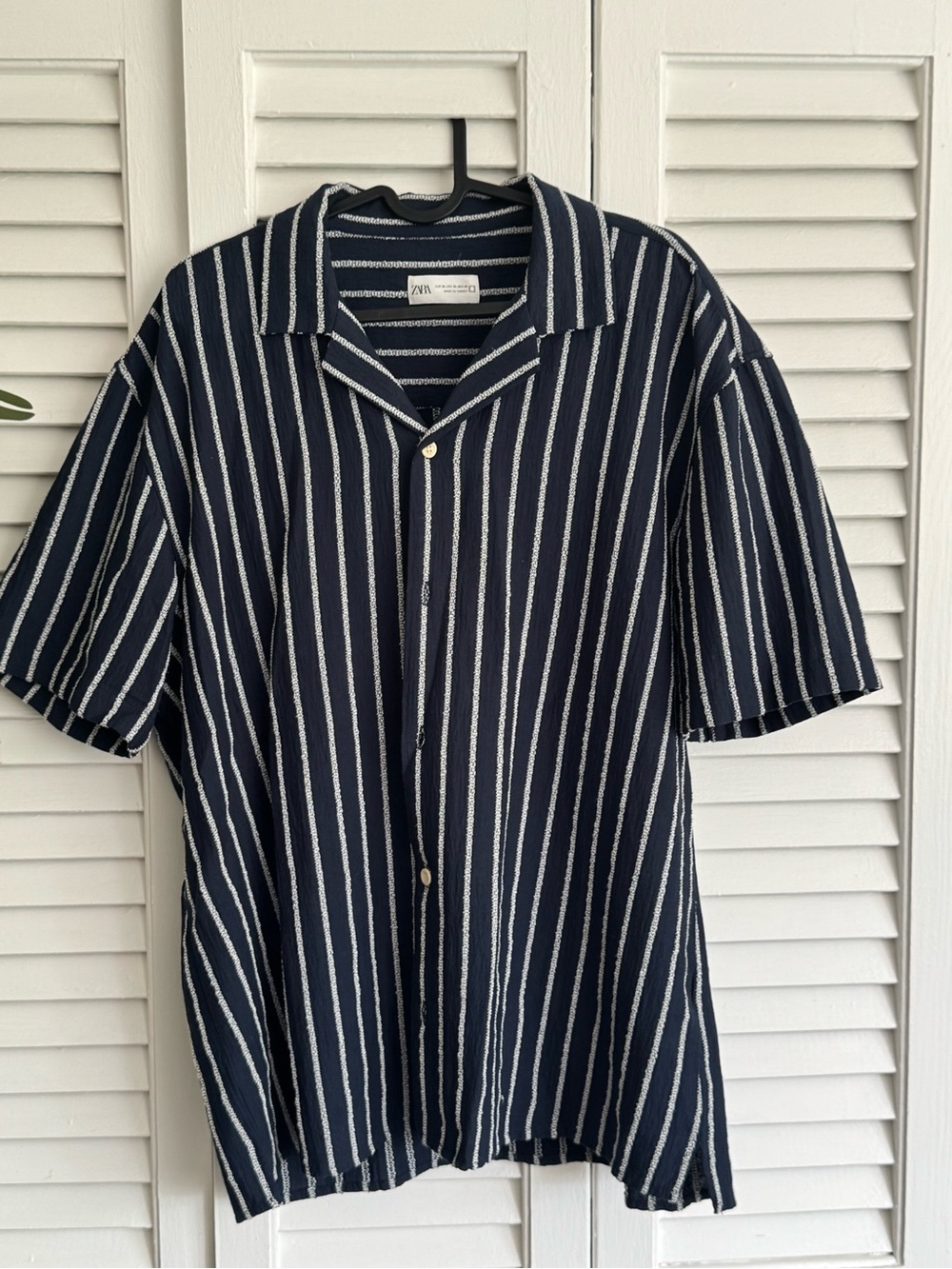 Zara Striped Short-Sleeve Button-Up Shirt - Navy